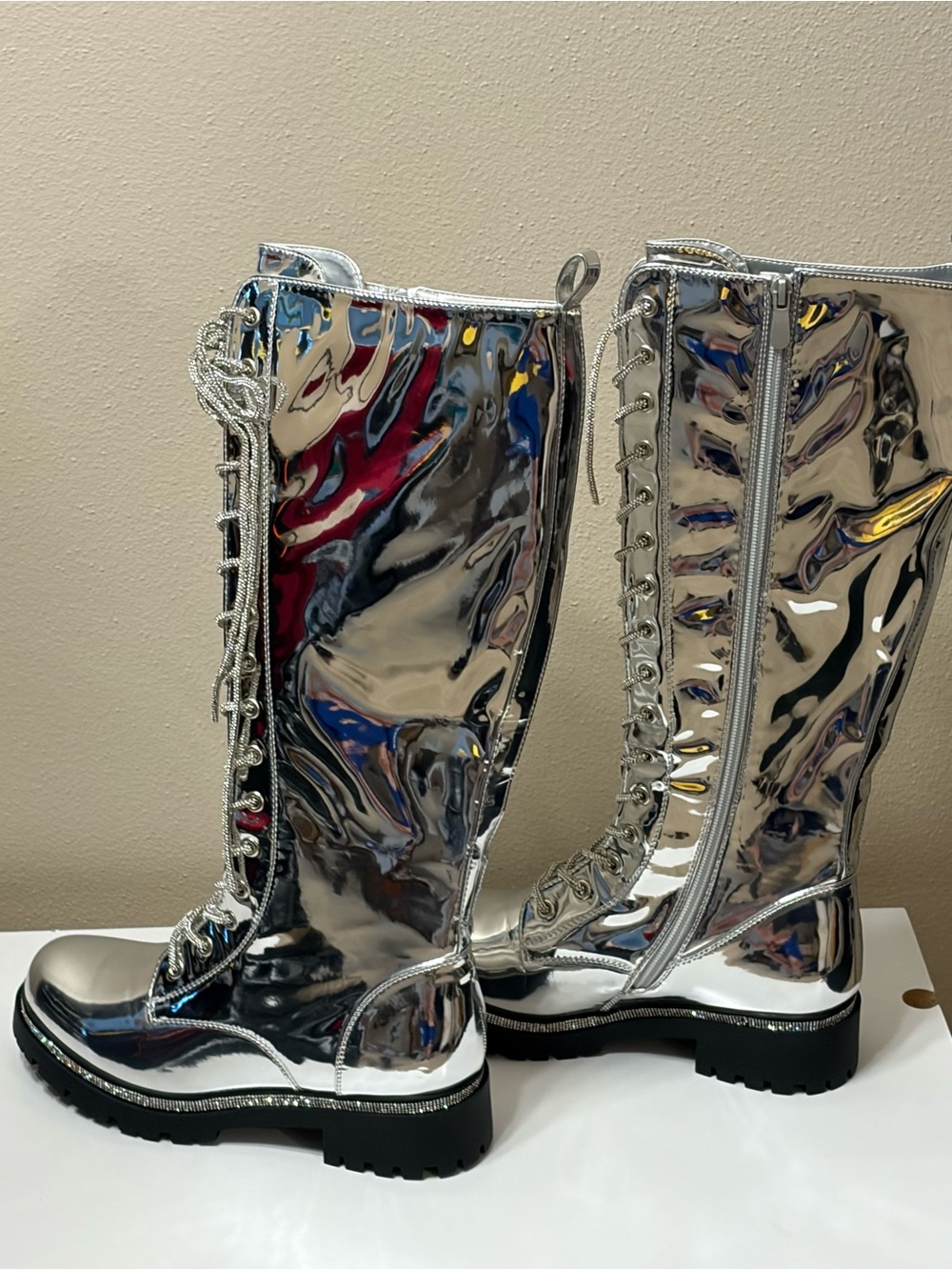 Moda Shoes Transform 7.5 Silver Metallic Knee High Combat Boots Rhinestone